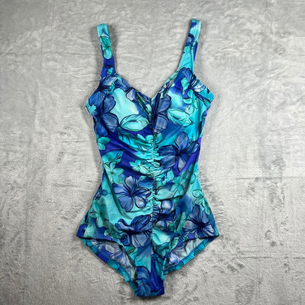 Le Cove Blue Tropical Hibiscus Floral Ruched One Piece Swimsuit Tummy Control 14